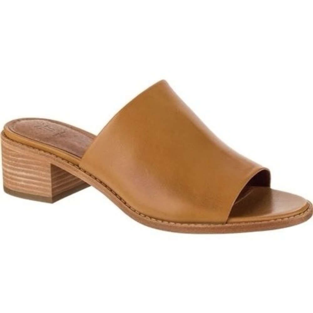 Frye Women Cindy cognac Brown Leather Open Toe Block Heel Mule Sandals Slide